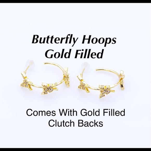 CZ Butterfly Hoop Earrings 25mm or 1”, 24k Gold Filled, Symbol Change/ Rebirth - Picture 2 of 6
